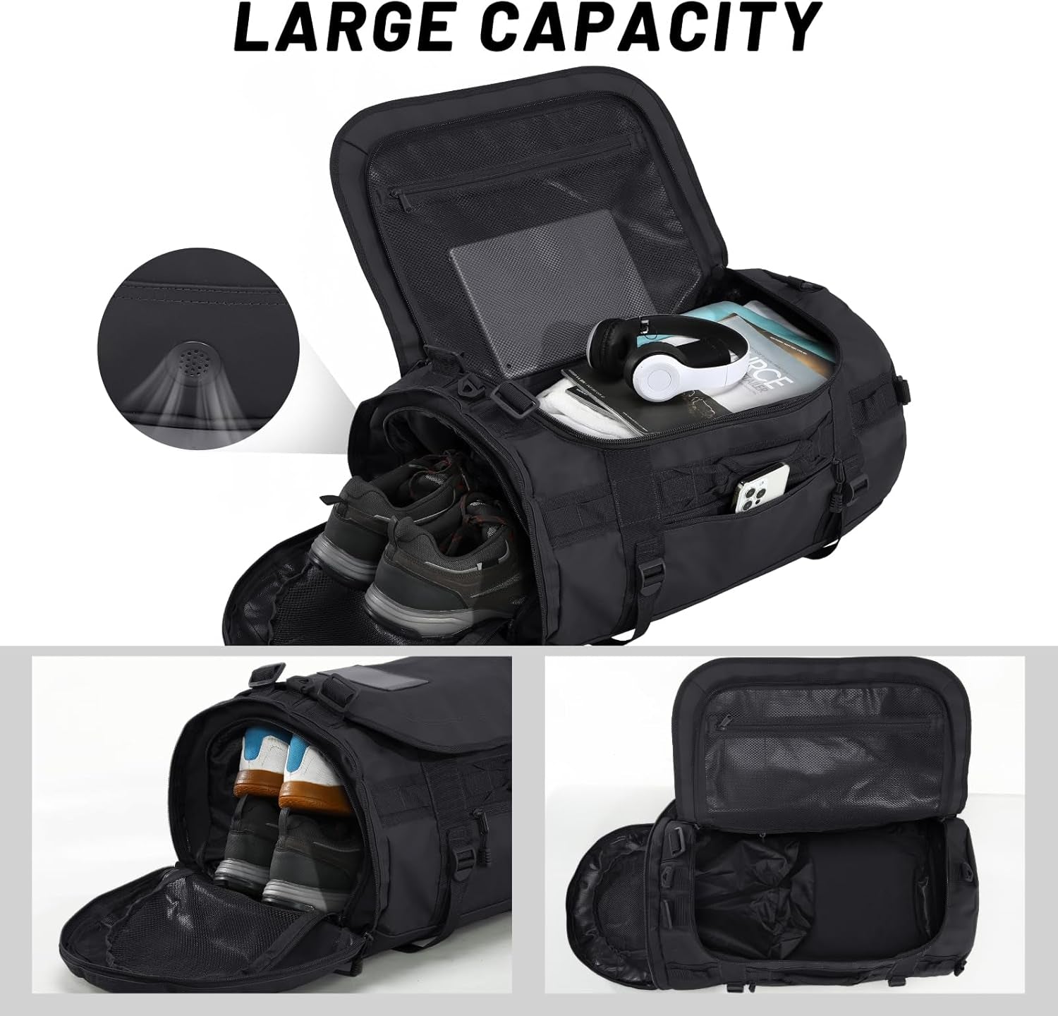 Large Duffel Backpack Sports Gym Bag with Shoe Compartment, Heavy Duty and Water Resistant, Black, 90L